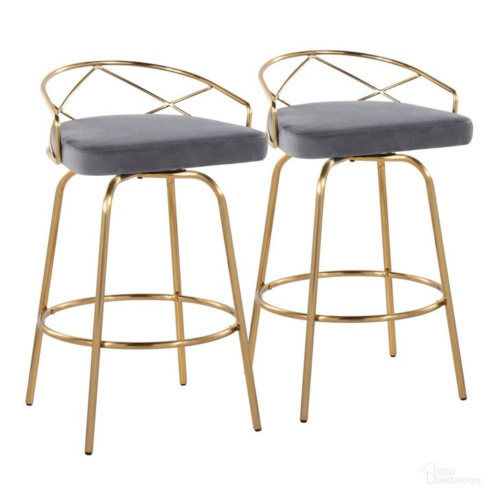 The appearance of Charlotte Glam 26 Inch Fixed Height Counter Stool Set of 2 In Gold designed by Lumisource in the glam interior design. This dark gray piece of furniture  was selected by 1StopBedrooms from Charlotte Collection to add a touch of cosiness and style into your home. Sku: B26-CHARLOTGLAMV-CLARG2 AUGY2. Material: Metal. Product Type: Barstool. Image1