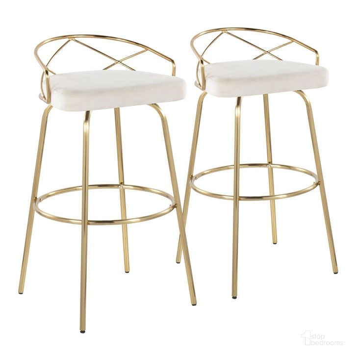 The appearance of Charlotte Glam 30 Inch Fixed Height Barstool Set of 2 In Gold designed by Lumisource in the glam interior design. This white piece of furniture  was selected by 1StopBedrooms from Charlotte Collection to add a touch of cosiness and style into your home. Sku: B30-CHARLOTGLAMV-CLARG2 AUCR2. Material: Metal. Product Type: Barstool. Image1