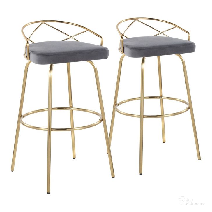 The appearance of Charlotte Glam 30 Inch Fixed Height Barstool Set of 2 In Gold designed by Lumisource in the glam interior design. This gray piece of furniture  was selected by 1StopBedrooms from Charlotte Collection to add a touch of cosiness and style into your home. Sku: B30-CHARLOTGLAMV-CLARG2 AUGY2. Material: Metal. Product Type: Barstool. Image1
