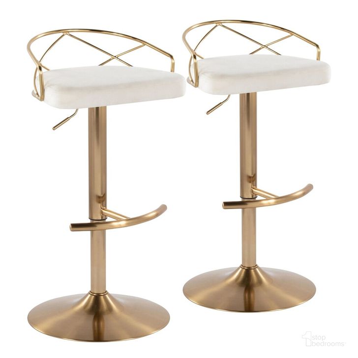 The appearance of Charlotte Glam Adjustable Barstool Set of 2 In Gold designed by Lumisource in the glam interior design. This white piece of furniture  was selected by 1StopBedrooms from Charlotte Collection to add a touch of cosiness and style into your home. Sku: BS-CHARLOTGLAMV-RNT2 AUCR2. Material: Metal. Product Type: Barstool. Image1