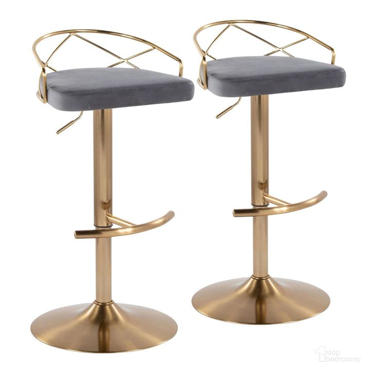 The appearance of Charlotte Glam Adjustable Barstool Set of 2 In Gold designed by Lumisource in the glam interior design. This gray piece of furniture  was selected by 1StopBedrooms from Charlotte Collection to add a touch of cosiness and style into your home. Sku: BS-CHARLOTGLAMV-RNT2 AUGY2. Material: Metal. Product Type: Barstool. Image1