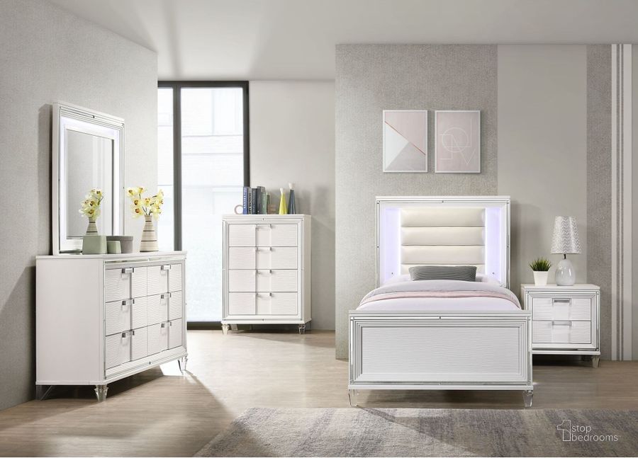 The appearance of Charlotte White Youth Upholstered Platform Bedroom Set designed by Picket House in the modern / contemporary interior design. This white piece of furniture  was selected by 1StopBedrooms from Charlotte Collection to add a touch of cosiness and style into your home. Sku: TN777TH;TN777TF;TN777TFR;TN777NS. Product Type: Bedroom Set. Bed Size: Twin. Material: Rubberwood. Image1