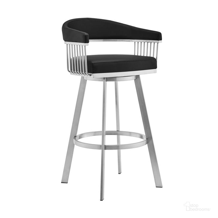 The appearance of Chelsea 26 Inch Black Faux Leather and Brushed Stainless Steel Swivel Bar Stool designed by Armen Living in the modern / contemporary interior design. This black piece of furniture  was selected by 1StopBedrooms from Chelsea Collection to add a touch of cosiness and style into your home. Sku: LCCSBABSBL26. Product Type: Barstool. Material: Stainless Steel. Image1