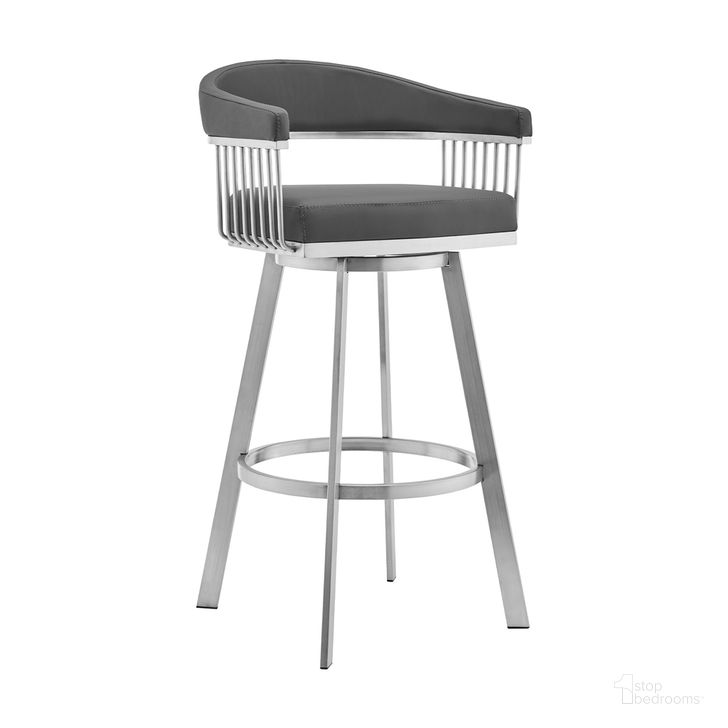 The appearance of Chelsea 26 Inch Gray Faux Leather and Brushed Stainless Steel Swivel Bar Stool designed by Armen Living in the modern / contemporary interior design. This gray piece of furniture  was selected by 1StopBedrooms from Chelsea Collection to add a touch of cosiness and style into your home. Sku: LCCSBABSGR26. Product Type: Barstool. Material: Stainless Steel. Image1