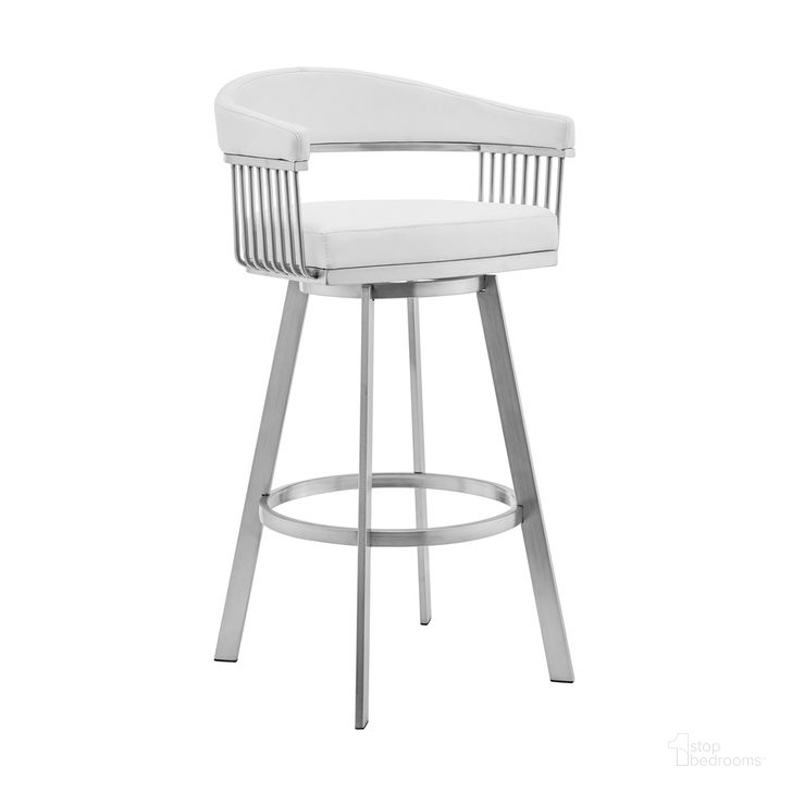 The appearance of Chelsea 26 Inch White Faux Leather and Brushed Stainless Steel Swivel Bar Stool designed by Armen Living in the modern / contemporary interior design. This white piece of furniture  was selected by 1StopBedrooms from Chelsea Collection to add a touch of cosiness and style into your home. Sku: LCCSBABSWH26. Product Type: Barstool. Material: Stainless Steel. Image1