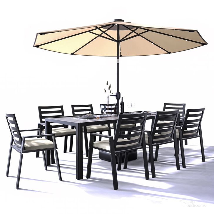 The appearance of Chelsea 87 Inch Outdoor Dining Table with 8 Chairs and Cushions In Beige designed by LeisureMod in the modern / contemporary interior design. This beige piece of furniture  was selected by 1StopBedrooms from Chelsea Collection to add a touch of cosiness and style into your home. Sku: CC20-T87BL-8BG. Material: Aluminum. Product Type: Outdoor Dining Set. Image1