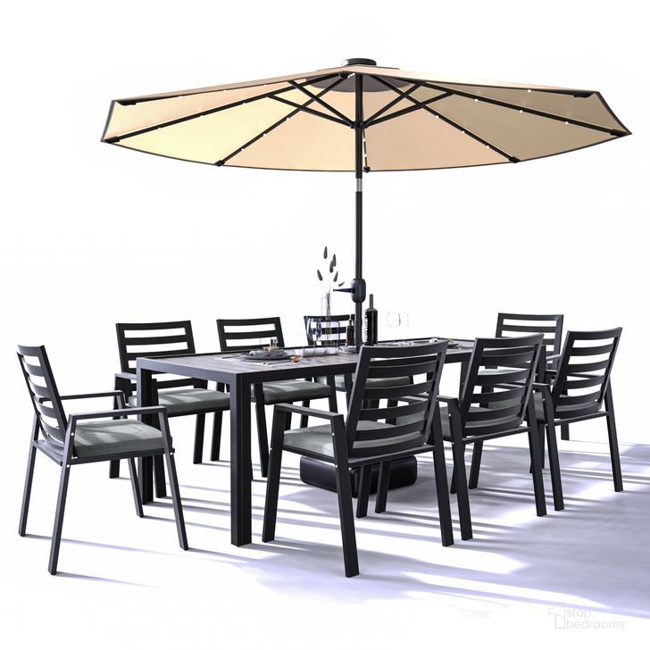 The appearance of Chelsea 87 Inch Outdoor Dining Table with 8 Chairs and Cushions In Charcoal Black designed by LeisureMod in the modern / contemporary interior design. This black charcoal piece of furniture  was selected by 1StopBedrooms from Chelsea Collection to add a touch of cosiness and style into your home. Sku: CC20-T87-BL8. Material: Aluminum. Product Type: Outdoor Dining Set. Image1