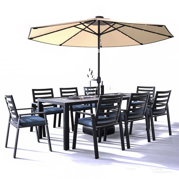 The appearance of Chelsea 87 Inch Outdoor Dining Table with 8 Chairs and Cushions In Charcoal Blue designed by LeisureMod in the modern / contemporary interior design. This blue piece of furniture  was selected by 1StopBedrooms from Chelsea Collection to add a touch of cosiness and style into your home. Sku: CC20-T87BL-8CBU. Material: Aluminum. Product Type: Outdoor Dining Set. Image1