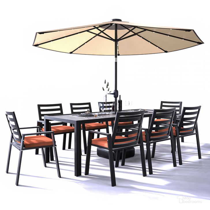 The appearance of Chelsea 87 Inch Outdoor Dining Table with 8 Chairs and Cushions In Orange designed by LeisureMod in the modern / contemporary interior design. This orange piece of furniture  was selected by 1StopBedrooms from Chelsea Collection to add a touch of cosiness and style into your home. Sku: CC20-T87BL-8OR. Material: Aluminum. Product Type: Outdoor Dining Set. Image1