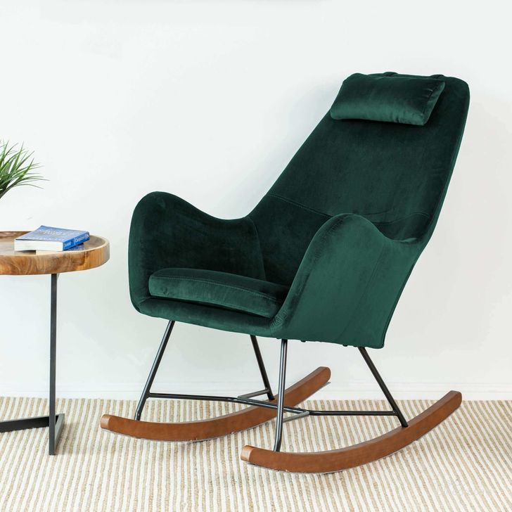 The appearance of Chelsea Green Velvet Fabric Rocking Chair designed by Ashcroft Furniture in the transitional interior design. This green piece of furniture  was selected by 1StopBedrooms from Chelsea Collection to add a touch of cosiness and style into your home. Sku: AFC00125. Material: Wood. Product Type: Chair. Image1