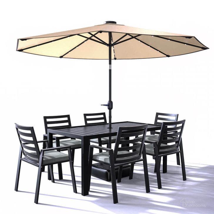 The appearance of Chelsea Outdoor Dining Table with 8 Chairs and Cushions In Charcoal Black designed by LeisureMod in the modern / contemporary interior design. This black charcoal piece of furniture  was selected by 1StopBedrooms from Chelsea Collection to add a touch of cosiness and style into your home. Sku: CC20-T63-BL6. Material: Aluminum. Product Type: Outdoor Dining Set. Image1