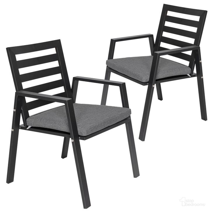 The appearance of Chelsea Patio Dining Armchair Set of 2 In Black designed by LeisureMod in the modern / contemporary interior design. This black piece of furniture  was selected by 1StopBedrooms from Chelsea Collection to add a touch of cosiness and style into your home. Sku: CC20BL-BL2. Material: Aluminum. Product Type: Outdoor Dining Chair. Image1