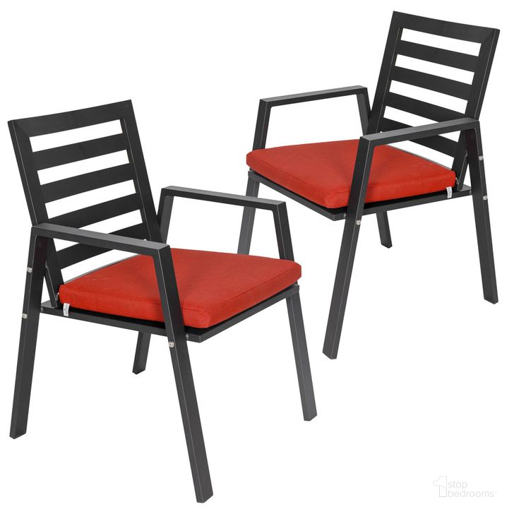 The appearance of Chelsea Patio Dining Armchair Set of 2 In Cherry Red designed by LeisureMod in the modern / contemporary interior design. This cherry red piece of furniture  was selected by 1StopBedrooms from Chelsea Collection to add a touch of cosiness and style into your home. Sku: CC20BL-CHR2. Material: Aluminum. Product Type: Outdoor Dining Chair. Image1
