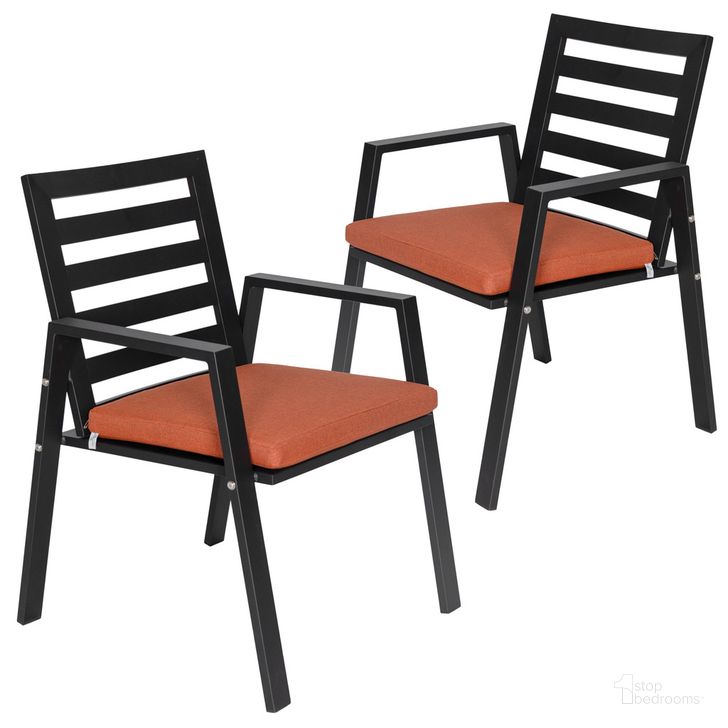 The appearance of Chelsea Patio Dining Armchair Set of 2 In Orange designed by LeisureMod in the modern / contemporary interior design. This orange piece of furniture  was selected by 1StopBedrooms from Chelsea Collection to add a touch of cosiness and style into your home. Sku: CC20BL-OR2. Material: Aluminum. Product Type: Outdoor Dining Chair. Image1