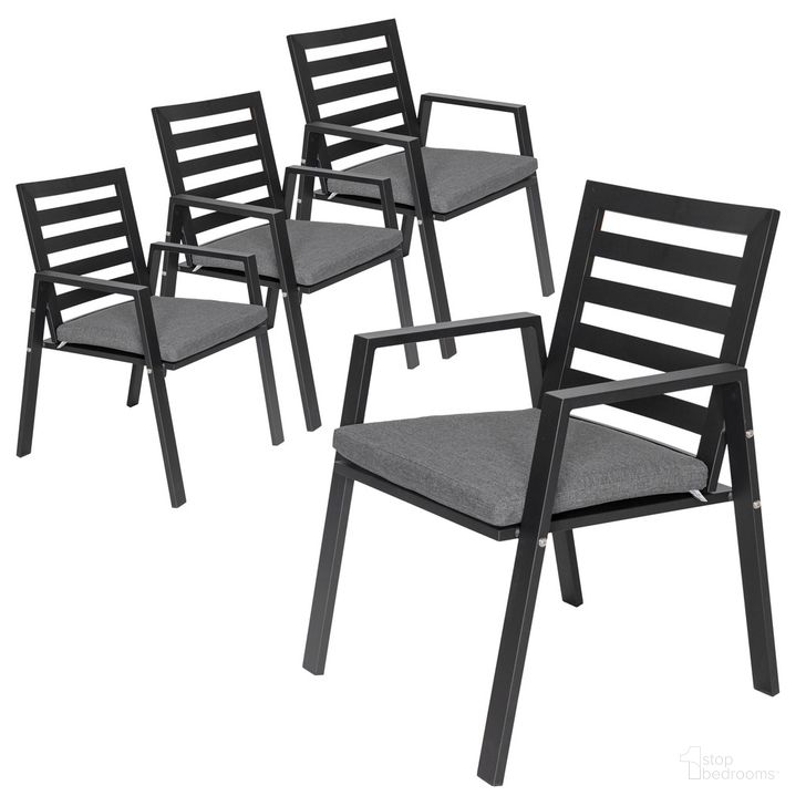 The appearance of Chelsea Patio Dining Armchair Set of 4 In Black designed by LeisureMod in the modern / contemporary interior design. This black piece of furniture  was selected by 1StopBedrooms from Chelsea Collection to add a touch of cosiness and style into your home. Sku: CC20BL-BL4. Material: Aluminum. Product Type: Outdoor Dining Chair. Image1