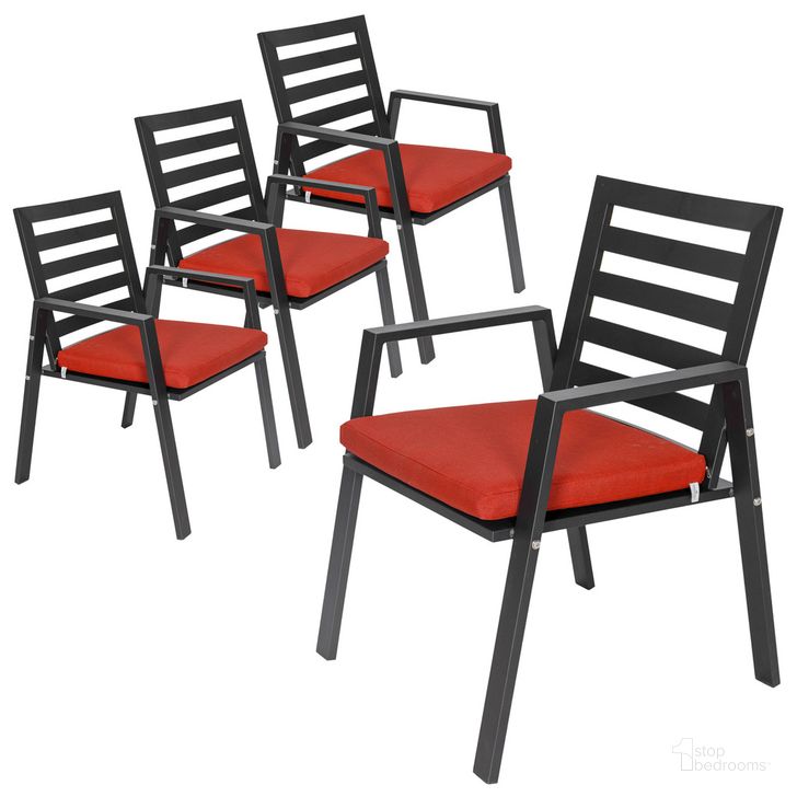 The appearance of Chelsea Patio Dining Armchair Set of 4 In Cherry Red designed by LeisureMod in the modern / contemporary interior design. This cherry red piece of furniture  was selected by 1StopBedrooms from Chelsea Collection to add a touch of cosiness and style into your home. Sku: CC20BL-CHR4. Material: Aluminum. Product Type: Outdoor Dining Chair. Image1