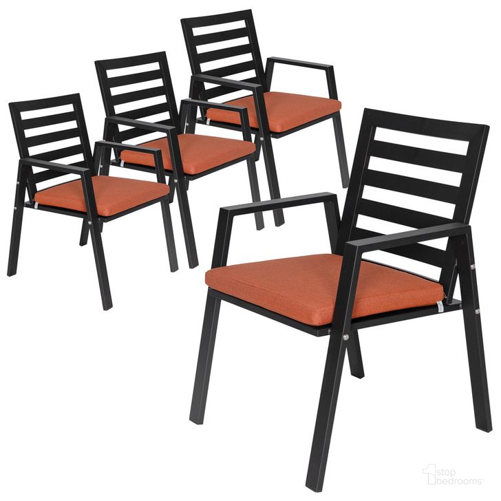 The appearance of Chelsea Patio Dining Armchair Set of 4 In Orange designed by LeisureMod in the modern / contemporary interior design. This orange piece of furniture  was selected by 1StopBedrooms from Chelsea Collection to add a touch of cosiness and style into your home. Sku: CC20BL-OR4. Material: Aluminum. Product Type: Outdoor Dining Chair. Image1