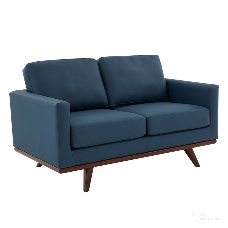 The appearance of Chester Leather Loveseat In Navy Blue designed by LeisureMod in the modern / contemporary interior design. This navy blue piece of furniture  was selected by 1StopBedrooms from Chester Collection to add a touch of cosiness and style into your home. Sku: CS58NBU-L. Material: Faux Leather. Product Type: Loveseat. Image1
