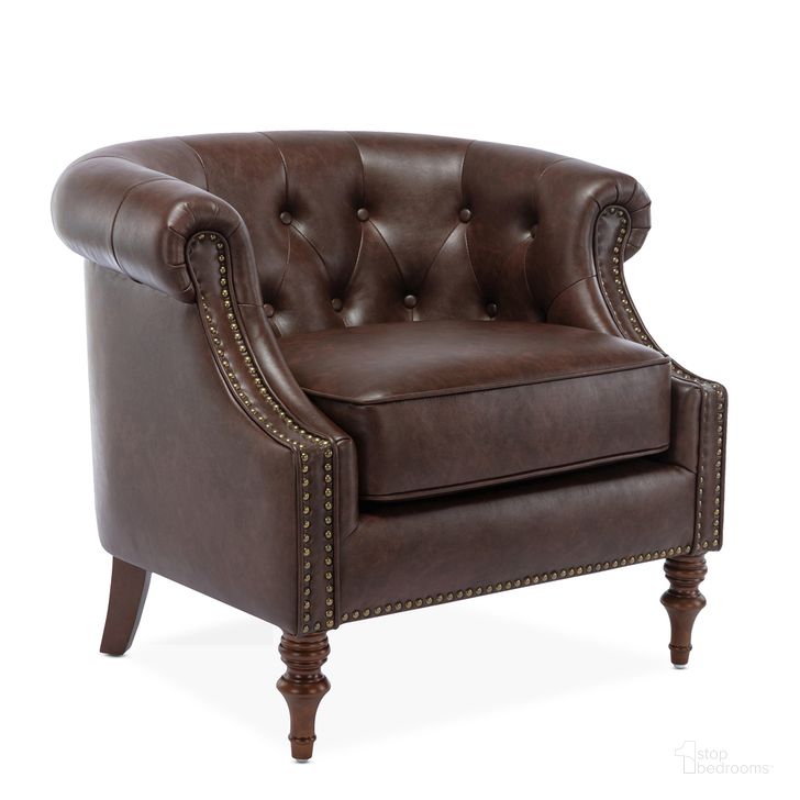 The appearance of Chesterfield Button Tufted Accent Chair In Brown designed by Comfort Pointe in the traditional interior design. This brown piece of furniture  was selected by 1StopBedrooms from Chesterfield Collection to add a touch of cosiness and style into your home. Sku: 8038-40. Product Type: Accent Chair. Material: Plywood. Image1