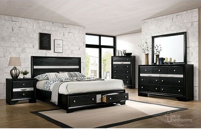 The appearance of Chrissy Black Panel Bedroom Set designed by Furniture of America in the modern / contemporary interior design. This black piece of furniture  was selected by 1StopBedrooms from Chrissy Collection to add a touch of cosiness and style into your home. Sku: CM7552BK-Q-HBFB;CM7552BK-Q-DR;CM7552BK-Q-R;CM7552BK-N. Material: Wood. Product Type: Bedroom Set. Bed Size: Queen. Image1