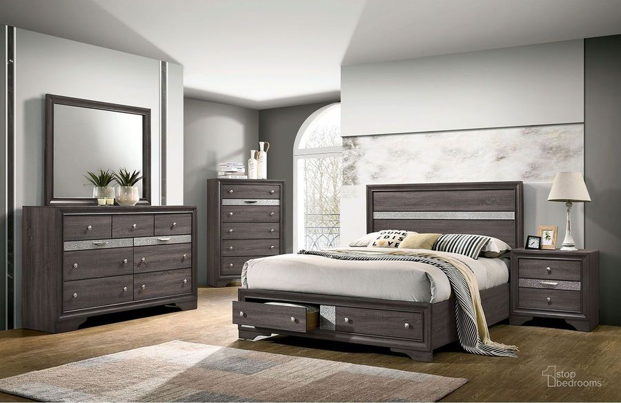 The appearance of Chrissy Gray Panel Bedroom Set designed by Furniture of America in the modern / contemporary interior design. This gray piece of furniture  was selected by 1StopBedrooms from Chrissy Collection to add a touch of cosiness and style into your home. Sku: CM7552GY-Q-HBFB;CM7552GY-Q-R;CM7552GY-Q-DR;CM7552GY-N. Material: Wood. Product Type: Bedroom Set. Bed Size: Queen. Image1