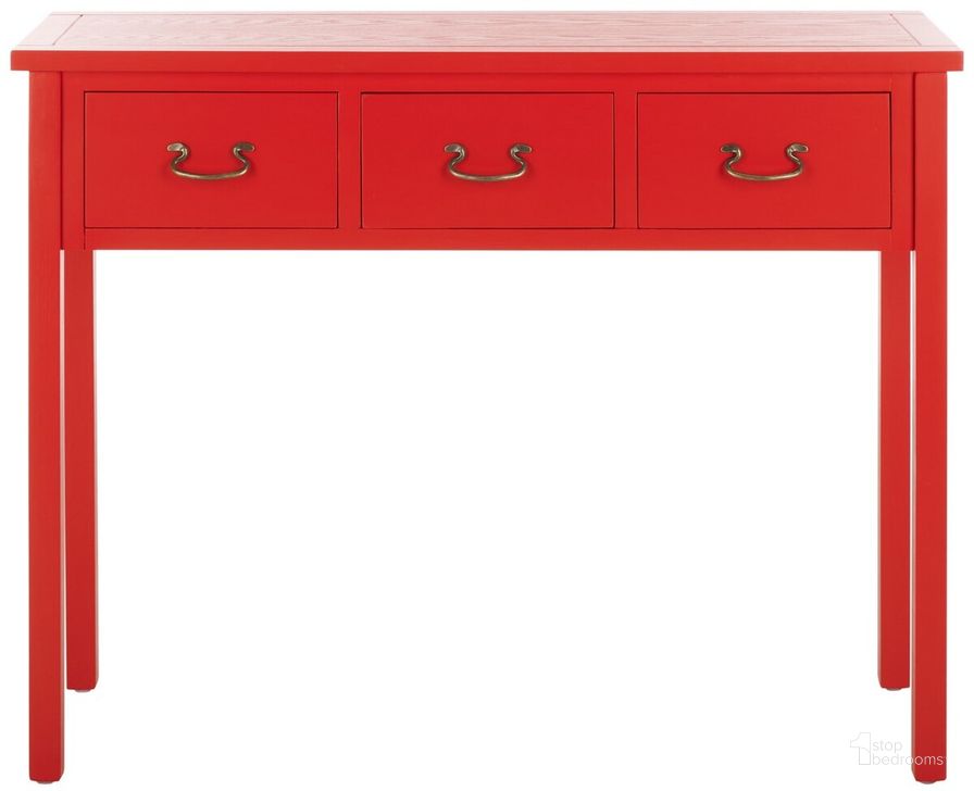 The appearance of Cindy Hot Red Console with 3 Storage Drawers designed by Safavieh in the transitional interior design. This red piece of furniture  was selected by 1StopBedrooms from Cindy Collection to add a touch of cosiness and style into your home. Sku: AMH6568F. Material: Wood. Product Type: Console. Image1