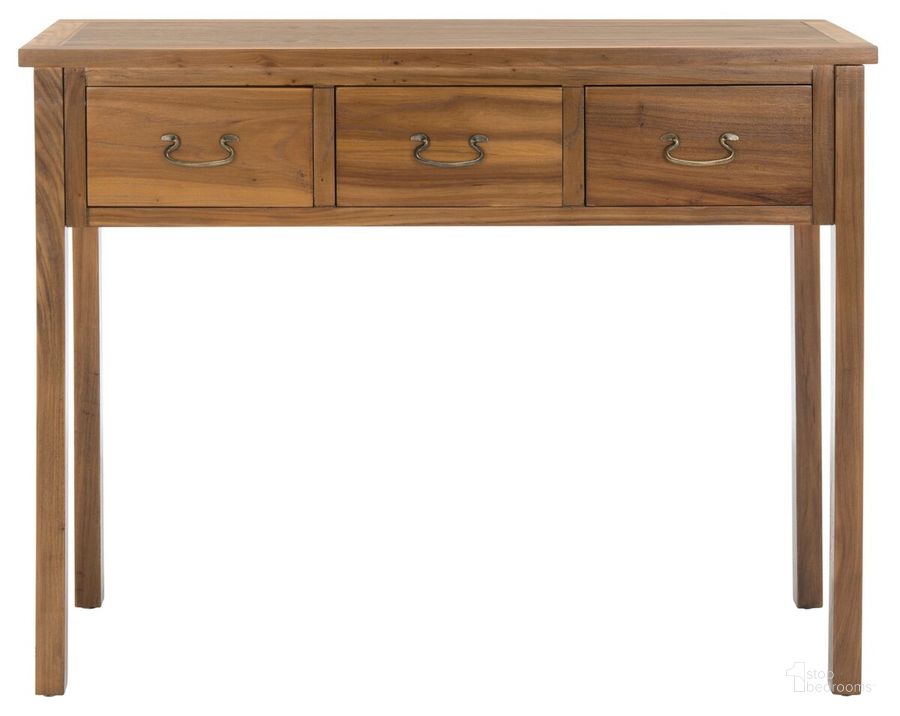 The appearance of Cindy Oak Console with 3 Storage Drawers designed by Safavieh in the transitional interior design. This dark oak piece of furniture  was selected by 1StopBedrooms from Cindy Collection to add a touch of cosiness and style into your home. Sku: AMH6568G. Material: Wood. Product Type: Console. Image1