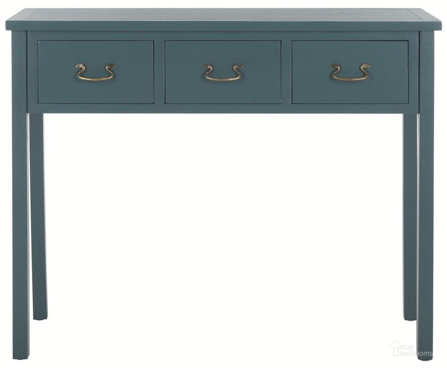 The appearance of Cindy Slate Teal Console with 3 Storage Drawers designed by Safavieh in the transitional interior design. This teal piece of furniture  was selected by 1StopBedrooms from Cindy Collection to add a touch of cosiness and style into your home. Sku: AMH6568H. Material: Wood. Product Type: Console. Image1