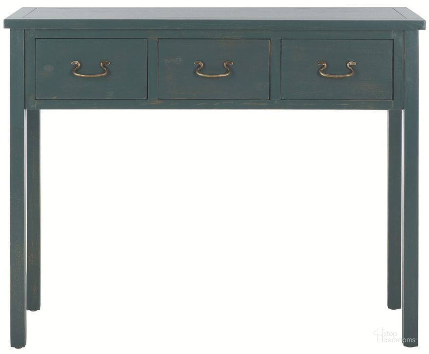 The appearance of Cindy Steel Teal Console with 3 Storage Drawers designed by Safavieh in the country / farmhouse interior design. This dark teal piece of furniture  was selected by 1StopBedrooms from Cindy Collection to add a touch of cosiness and style into your home. Sku: AMH6568E. Material: Wood. Product Type: Console. Image1