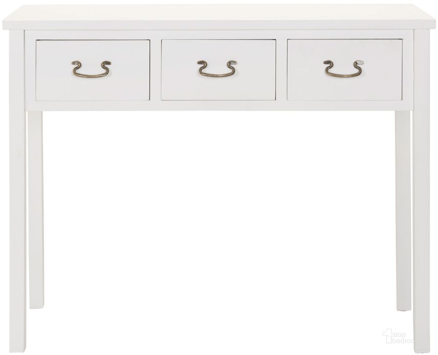 The appearance of Cindy White Console with 3 Storage Drawers designed by Safavieh in the country / farmhouse interior design. This white piece of furniture  was selected by 1StopBedrooms from Cindy Collection to add a touch of cosiness and style into your home. Sku: AMH6568C. Material: Wood. Product Type: Console. Image1