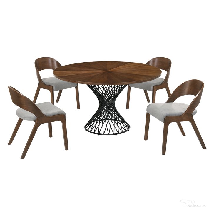 The appearance of Cirque and Polly 5-Piece Walnut Round Dining Set designed by Armen Living in the transitional interior design. This walnut piece of furniture  was selected by 1StopBedrooms from Cirque Collection to add a touch of cosiness and style into your home. Sku: LCCQDIWABX1;LCCQDIWABX2;LCPLSIGRWA;LCPLSIGRWA. Product Type: Dining Room Set. Material: MDF. Image1