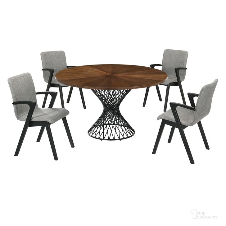 The appearance of Cirque and Varde 5-Piece Walnut Round Dining Set designed by Armen Living in the transitional interior design. This walnut piece of furniture  was selected by 1StopBedrooms from Cirque Collection to add a touch of cosiness and style into your home. Sku: LCCQDIWABX1;LCCQDIWABX2;LCVRSIGRBL;LCVRSIGRBL. Product Type: Dining Room Set. Material: MDF. Image1