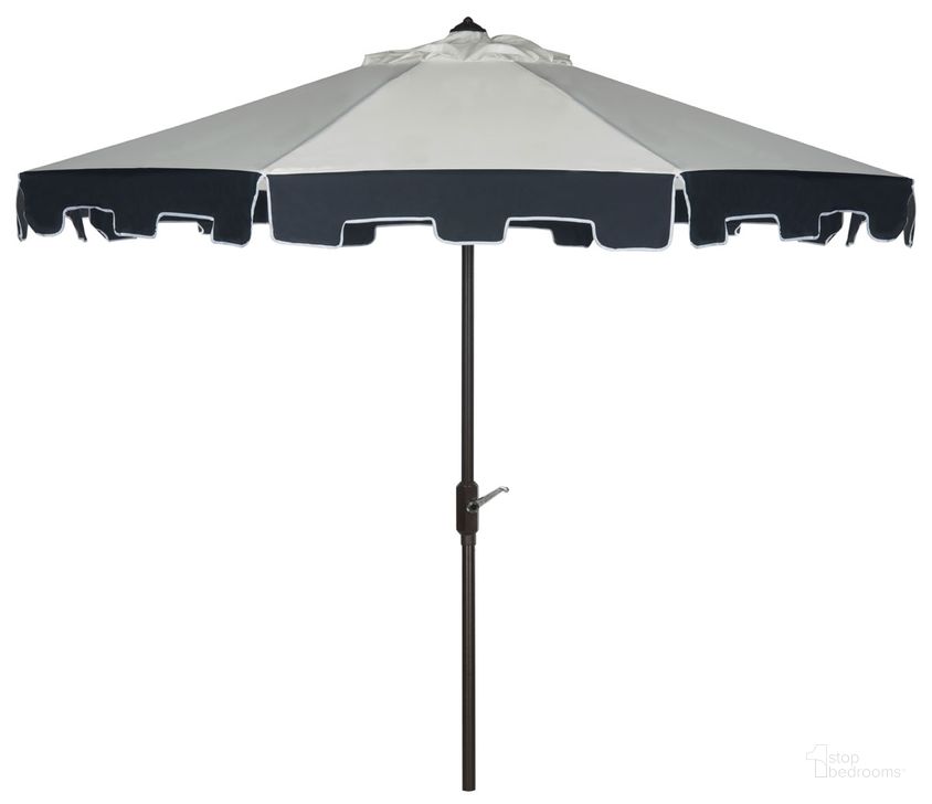 The appearance of City Fashion Beige and Navy UV-Resistant 9 Auto Tilt Umbrella designed by Safavieh in the modern / contemporary interior design. This beige and navy piece of furniture  was selected by 1StopBedrooms from Safavieh PAT Collection to add a touch of cosiness and style into your home. Sku: PAT8005A. Material: Aluminum. Product Type: Umbrella. Image1