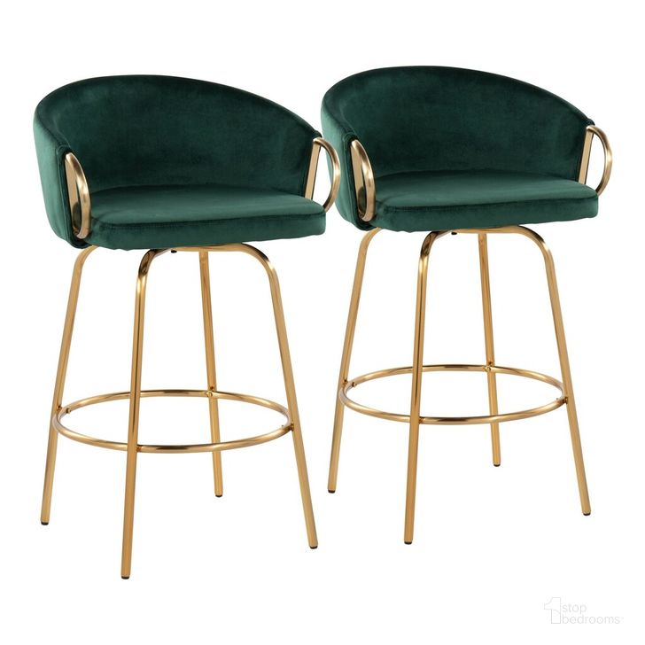 The appearance of Claire 26 Inch Fixed Height Counter Stool Set of 2 In Gold and Green designed by Lumisource in the modern / contemporary interior design. This gold and green piece of furniture  was selected by 1StopBedrooms from Claire Collection to add a touch of cosiness and style into your home. Sku: B26-CLAIRE2 AUVGN2. Product Type: Barstool. Material: Velvet. Image1