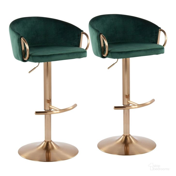 The appearance of Claire Adjustable Bar Stool Set of 2 In Green designed by Lumisource in the modern / contemporary interior design. This green piece of furniture  was selected by 1StopBedrooms from Claire Collection to add a touch of cosiness and style into your home. Sku: BS-CLAIRE AUVGN2. Product Type: Barstool. Material: Velvet. Image1