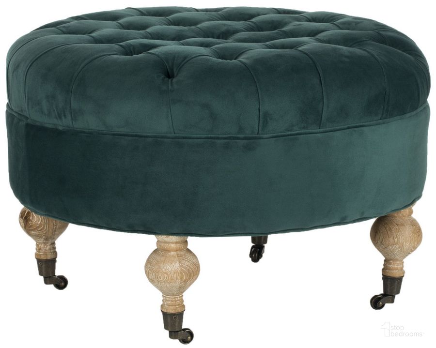 The appearance of Clara Marine and Pickled Oak Tufted Round Ottoman designed by Safavieh in the traditional interior design. This marine piece of furniture  was selected by 1StopBedrooms from Clara Collection to add a touch of cosiness and style into your home. Sku: MCR4601C. Material: Wood. Product Type: Ottoman. Image1