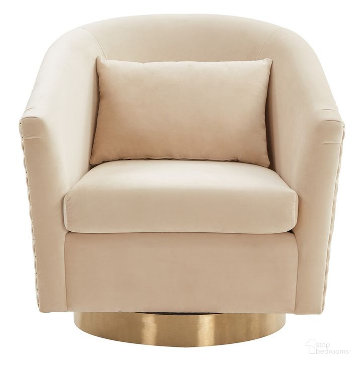 The appearance of Clara Quilted Swivel Tub Chair In Creme And Gold designed by Safavieh Couture in the modern / contemporary interior design. This creme piece of furniture  was selected by 1StopBedrooms from Clara Collection to add a touch of cosiness and style into your home. Sku: SFV4702L. Material: Wood. Product Type: Accent Chair. Image1
