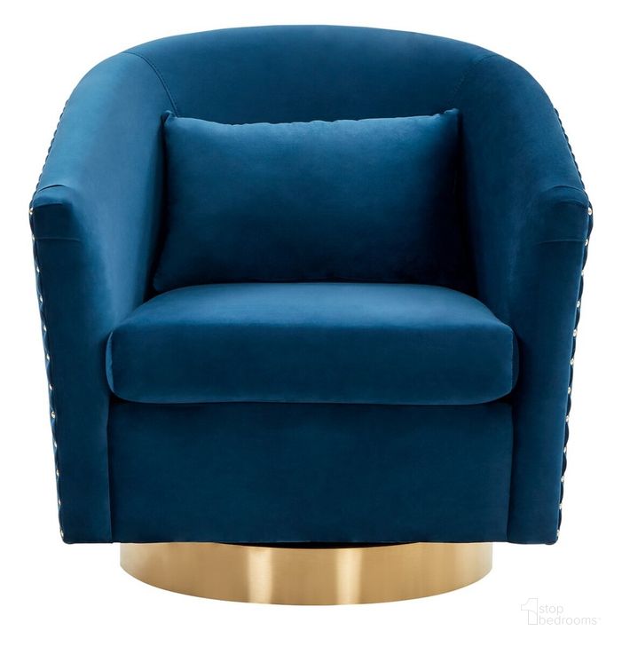 The appearance of Clara Quilted Swivel Tub Chair In Navy And Gold designed by Safavieh Couture in the modern / contemporary interior design. This navy piece of furniture  was selected by 1StopBedrooms from Clara Collection to add a touch of cosiness and style into your home. Sku: SFV4702K. Material: Wood. Product Type: Accent Chair. Image1