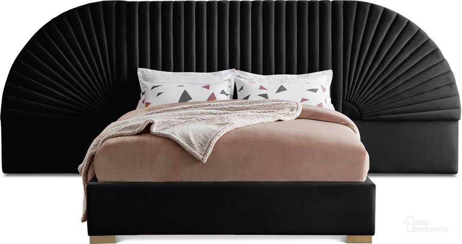 The appearance of Cleo Velvet King Bed In Black designed by Meridian in the modern / contemporary interior design. This black velvet piece of furniture  was selected by 1StopBedrooms from Cleo Collection to add a touch of cosiness and style into your home. Sku: CleoBlack-K-1;CleoBlack-K-2;CleoBlack-K-3. Bed Type: Platform Bed. Material: Wood. Product Type: Platform Bed. Bed Size: King. Image1