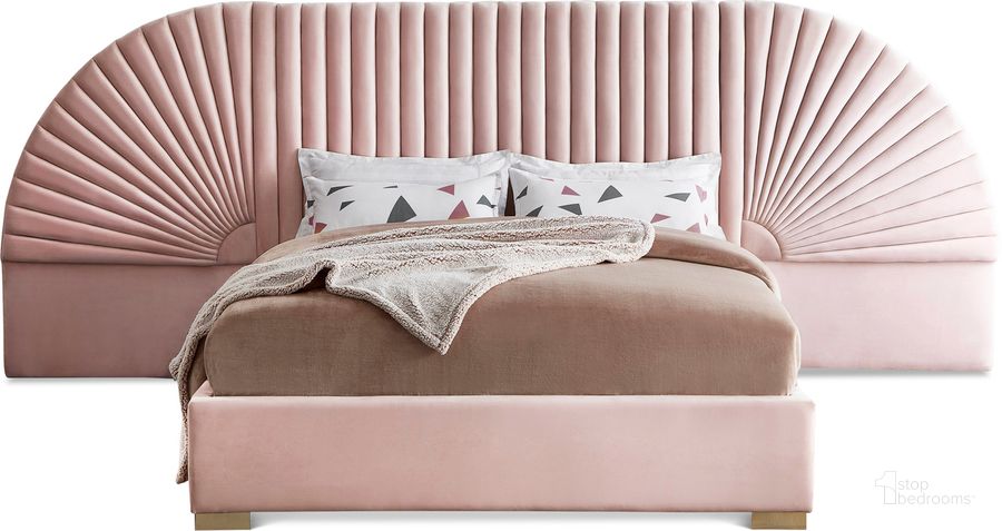 The appearance of Cleo Velvet King Bed In Pink designed by Meridian in the modern / contemporary interior design. This pink velvet piece of furniture  was selected by 1StopBedrooms from Cleo Collection to add a touch of cosiness and style into your home. Sku: CleoPink-K-1;CleoPink-K-2;CleoPink-K-3. Bed Type: Platform Bed. Material: Wood. Product Type: Platform Bed. Bed Size: King. Image1