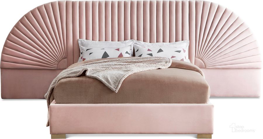The appearance of Cleo Velvet Queen Bed In Pink designed by Meridian in the modern / contemporary interior design. This pink piece of furniture  was selected by 1StopBedrooms from Cleo Collection to add a touch of cosiness and style into your home. Sku: CleoPink-Q-1;CleoPink-Q-2;CleoPink-Q-3. Product Type: Bed. Bed Size: Queen. Material: Velvet. Image1