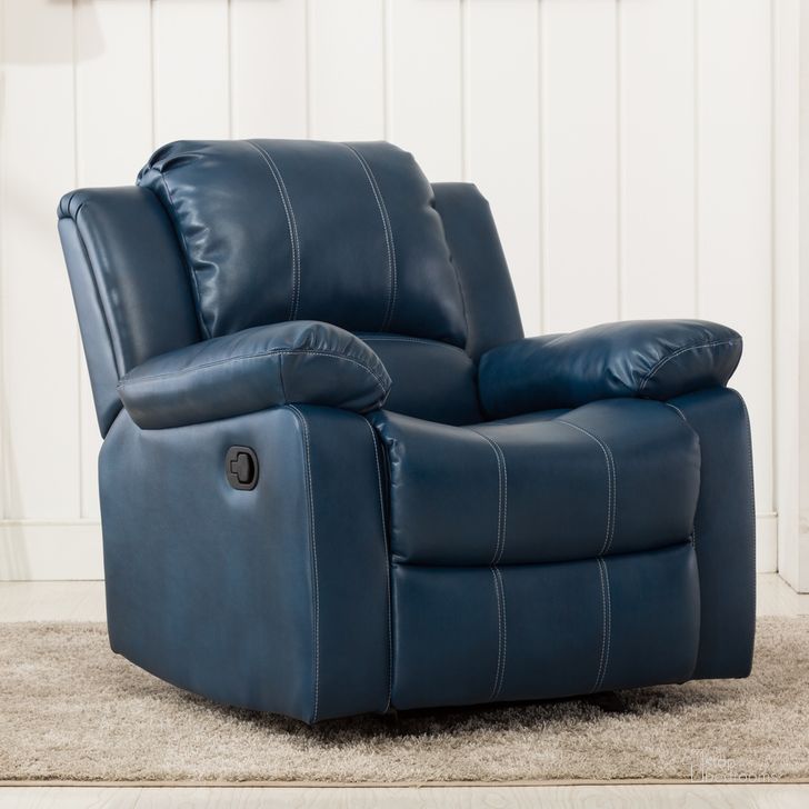 The appearance of Clifton Leather Gel Glider Rocker Recliner In Navy Blue designed by Comfort Pointe in the traditional interior design. This navy blue piece of furniture  was selected by 1StopBedrooms from Clifton Collection to add a touch of cosiness and style into your home. Sku: 8070-10. Product Type: Recliner. Material: Plywood. Image1
