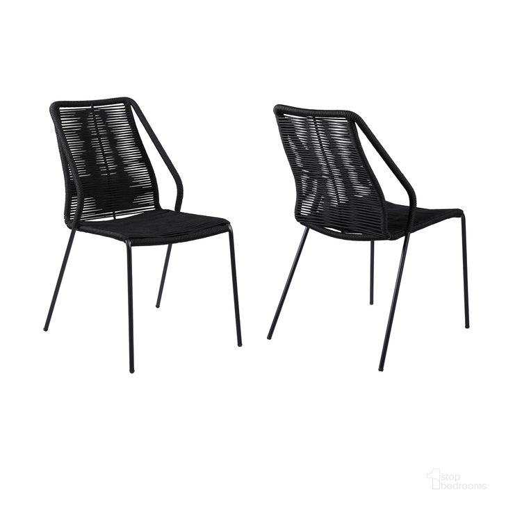 The appearance of Clip Indoor Outdoor Stackable Steel Dining Chair Set of 2 with Black Rope designed by Armen Living in the modern / contemporary interior design. This black piece of furniture  was selected by 1StopBedrooms from Clip Collection to add a touch of cosiness and style into your home. Sku: LCCPSIBL. Material: Steel. Product Type: Outdoor Dining Chair. Image1