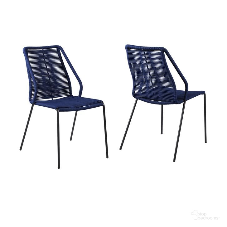 The appearance of Clip Indoor Outdoor Stackable Steel Dining Chair Set of 2 with Blue Rope designed by Armen Living in the modern / contemporary interior design. This blue piece of furniture  was selected by 1StopBedrooms from Clip Collection to add a touch of cosiness and style into your home. Sku: LCCPSIBLUE. Material: Steel. Product Type: Outdoor Dining Chair. Image1