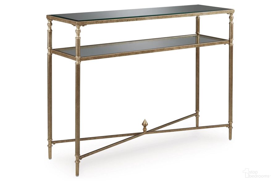 The appearance of Cloverty Sofa Table In Gold designed by Signature Design by Ashley in the traditional interior design. This gold piece of furniture  was selected by 1StopBedrooms from Cloverty Collection to add a touch of cosiness and style into your home. Sku: T440-4. Material: Metal. Product Type: Sofa Table. Image1
