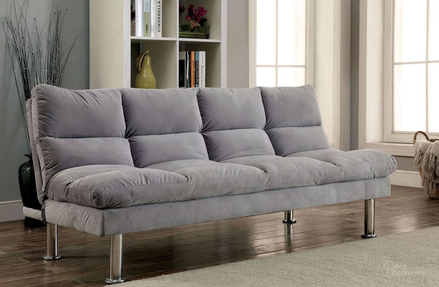The appearance of Saratoga Futon Sofa In Gray designed by Furniture of America in the modern / contemporary interior design. This gray piece of furniture  was selected by 1StopBedrooms from Saratoga Collection to add a touch of cosiness and style into your home. Sku: CM2902GY. Material: Polyester. Product Type: Futon. Image1