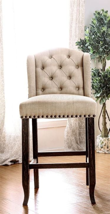 The appearance of Sania Bar Height Wingback Chair Set of 2 In Antique Black and Beige designed by Furniture of America in the rustic / southwestern interior design. This black and beige piece of furniture  was selected by 1StopBedrooms from Sania Collection to add a touch of cosiness and style into your home. Sku: CM3324BK-BCW-2PK. Material: Wood. Product Type: Counter Height Chair. Image1