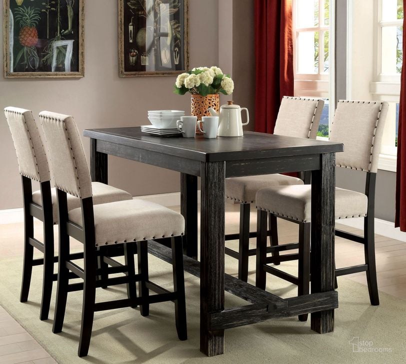 The appearance of Sania Ii Antique Black Counter Height Dining Room Set designed by Furniture of America in the transitional interior design. This black piece of furniture  was selected by 1StopBedrooms from Sania Collection to add a touch of cosiness and style into your home. Sku: CM3324BK-PT;CM3324BK-PC-2PK. Material: Wood. Product Type: Dining Room Set. Table Top Shape: Rectangular. Image1