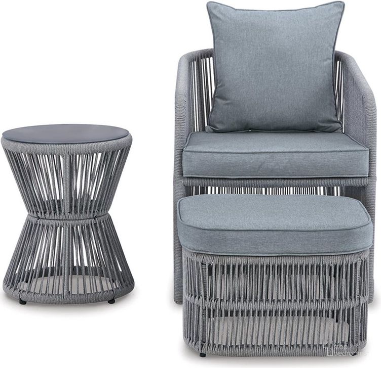 The appearance of Coast Island Gray Chair And Ottoman With Cush Table Set Of 3 designed by Signature Design by Ashley in the transitional interior design. This gray piece of furniture  was selected by 1StopBedrooms from Coast Island Collection to add a touch of cosiness and style into your home. Sku: P313-046. Product Type: Outdoor Chair. Image1
