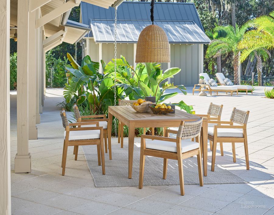 The appearance of Coastal Living Outdoor Rectangular Dining Set In Teak designed by Universal in the coastal interior design. This teak piece of furniture  was selected by 1StopBedrooms from Chesapeake Collection to add a touch of cosiness and style into your home. Sku: U012652;U012635. Product Type: Living Room Set. Material: Stainless Steel. Image1